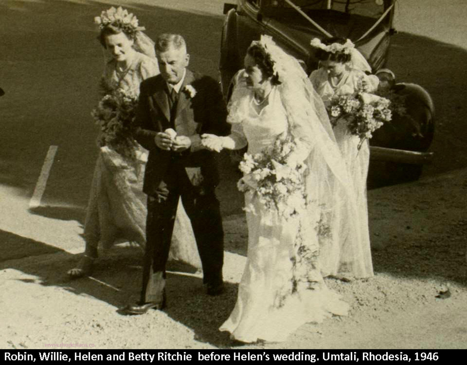 Helen Ritchie at her wedding with her father and sisters