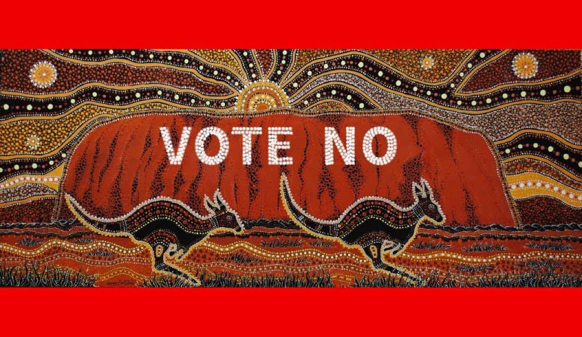 Vote No written on Ayrs Rock background with kangaroos in bright orange